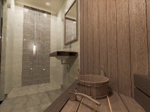Интерьер помывочной комнаты в бане