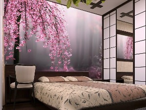 Фото обои сакура в интерьере спальни