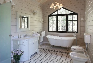 Дизайн ванной в доме из бруса