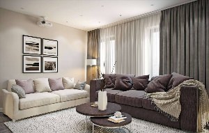 Дизайн зала с серым диваном