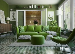 Дизайн зала с зеленым диваном