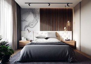 Спальня с рейками на стене