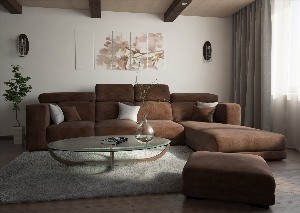 Интерьер зала с коричневым диваном