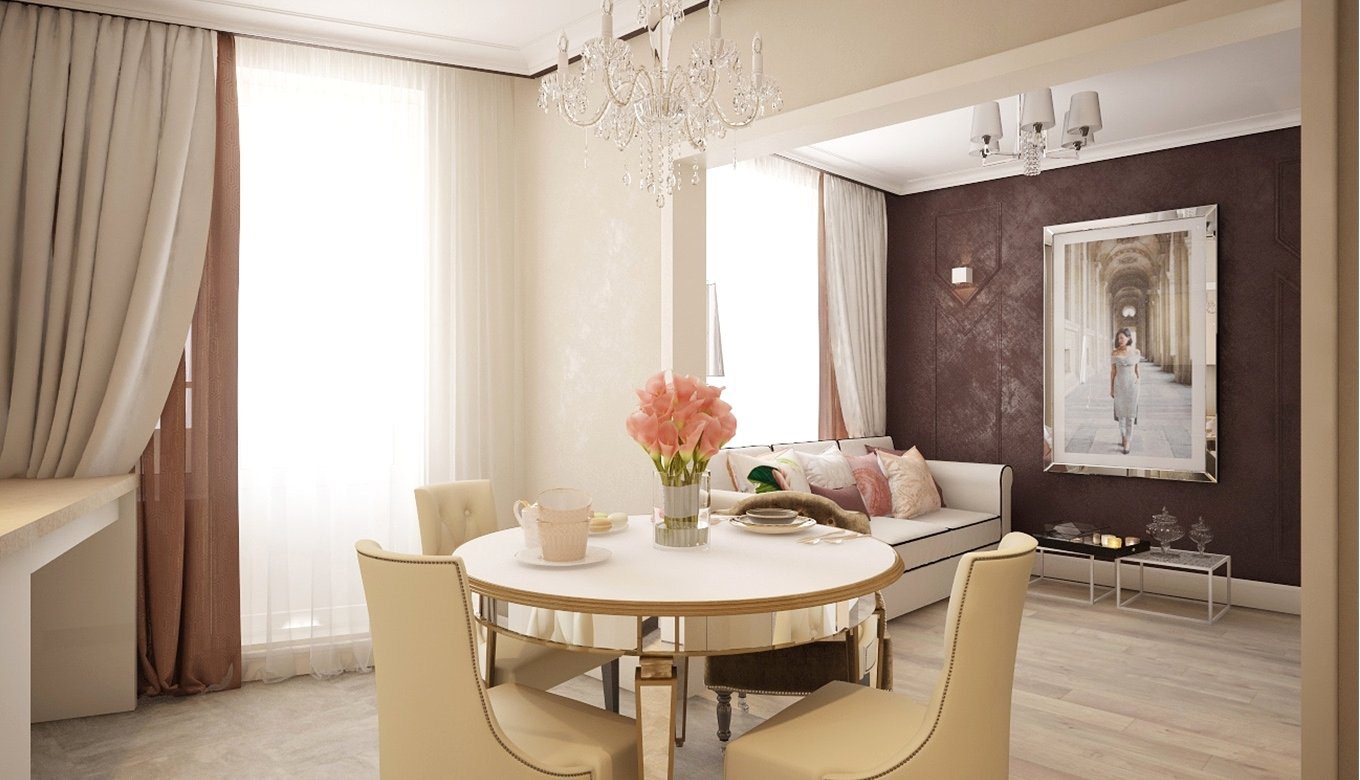 Светлая гостиная с обеденным столом и диваном