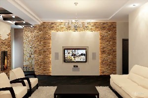 Дизайн зала с декоративным камнем
