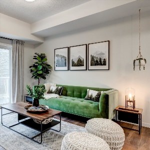 Дизайн гостиной с зеленым диваном