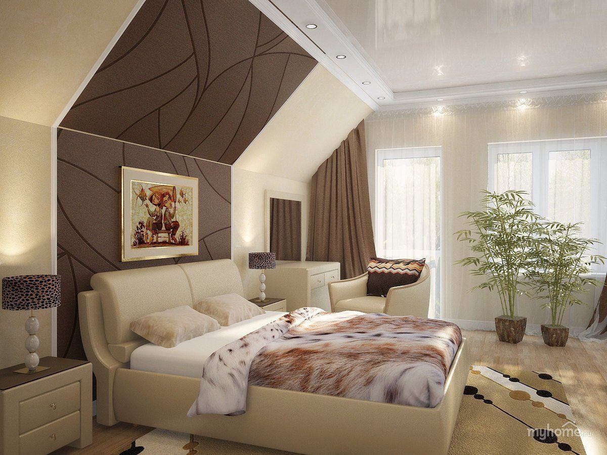 Спальня со скошенным потолком (76 фото)