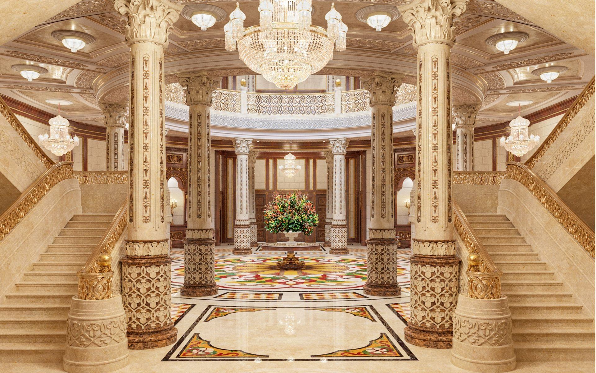 Зал резиденции. Абу Даби Королевская резиденция. Роскошный дворец. Колонны в Восточном стиле. Зал с колоннами.