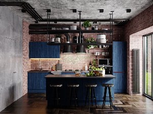 Синяя кухня в интерьере лофт