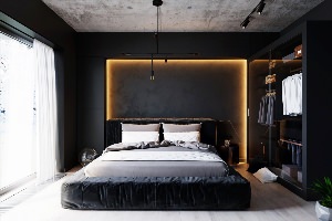 Черная кровать в интерьере спальни
