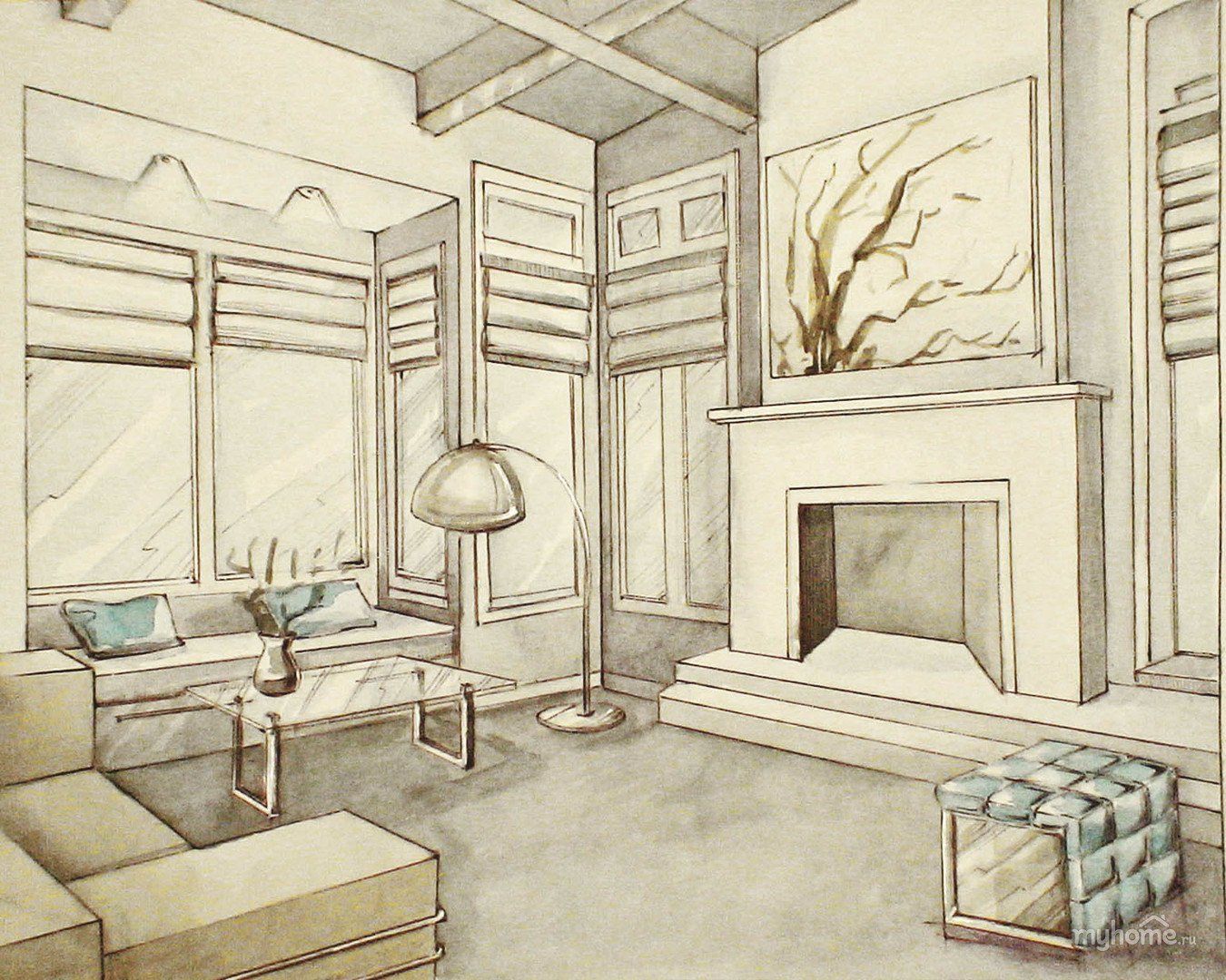 интерьер комнаты легко рисовать