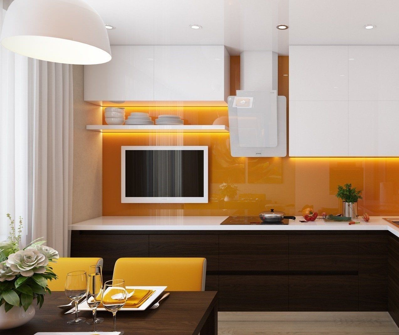 Дизайн угловых кухонь с телевизором (57 фото)
