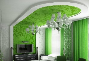 Зеленый натяжной потолок в интерьере