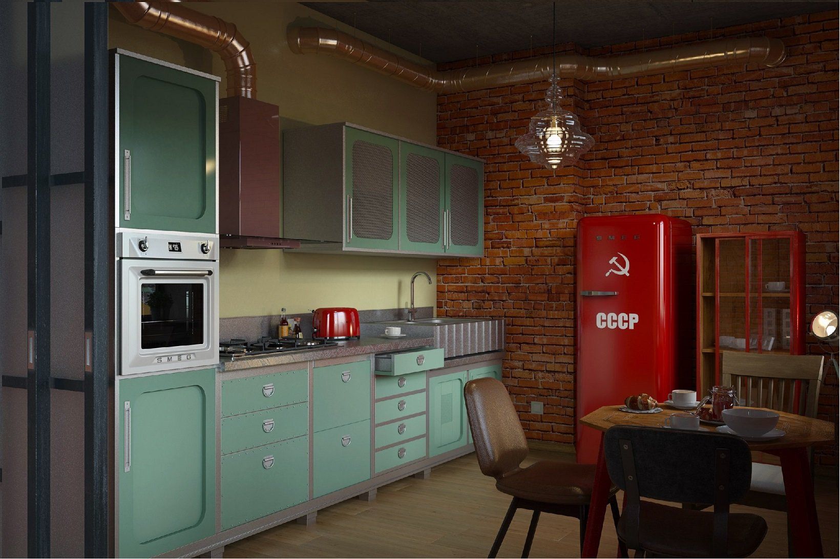 Кухня в стиле лофт с красным холодильником