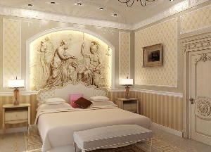 Дизайн спальни с фреской над кроватью