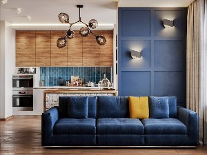 Синий диван в интерьере лофт