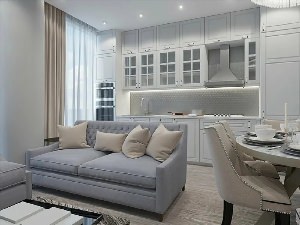 Белая кухня с серым диваном