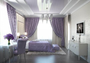 Фиолетовые шторы в бежевом интерьере