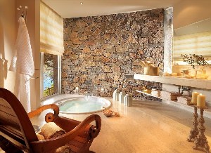 Дизайн ванной комнаты дерево и камень