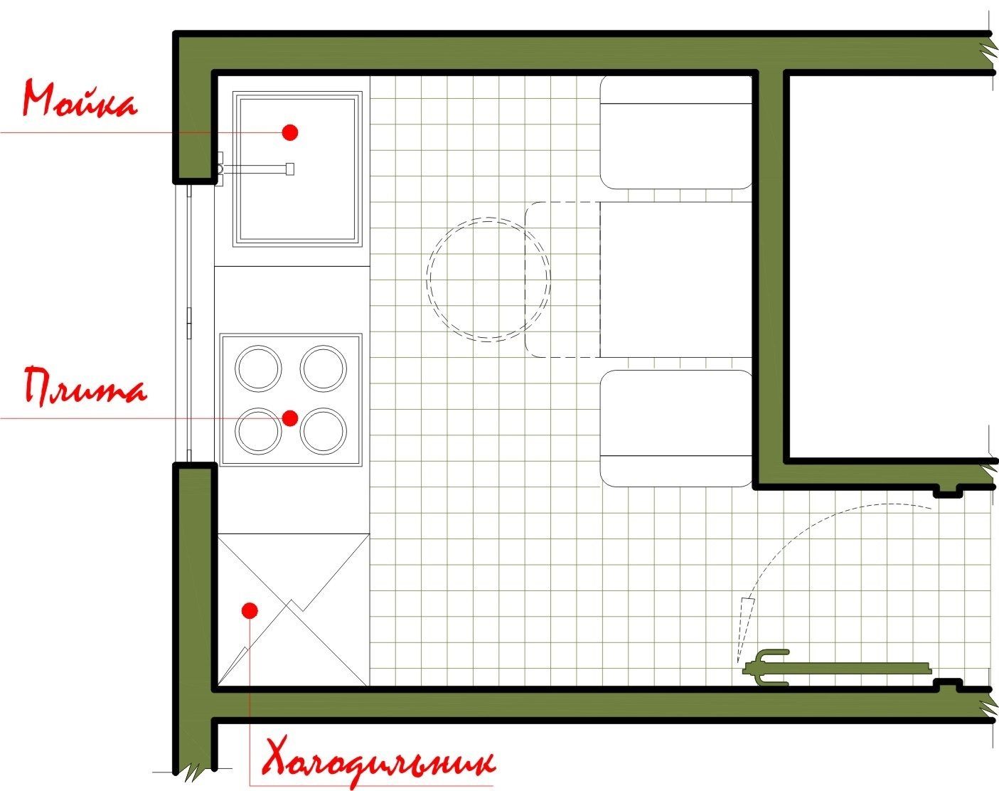 План кухни с размерами 6 м2