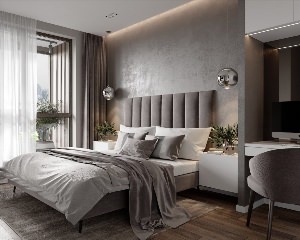 Дизайн спальни с серой мебелью