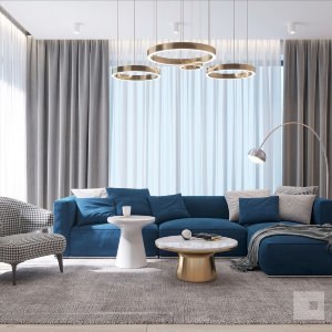 Интерьер гостиной с синим диваном