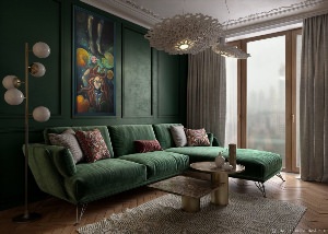 Серый диван зеленые шторы
