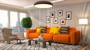 Оранжевый диван в гостиной
