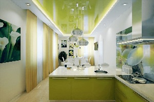 Зеленый натяжной потолок на кухне