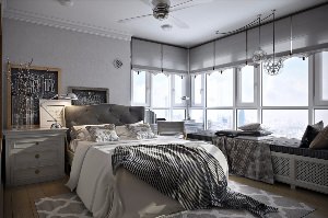 Дизайн угловой спальни с двумя окнами