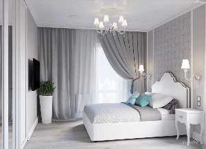 Серо белый интерьер спальни