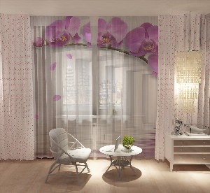 Лиловые шторы на кухню с орхидеями