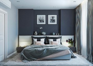 Серо синий цвет в интерьере спальни