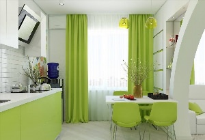 Салатовые шторы в интерьере кухни