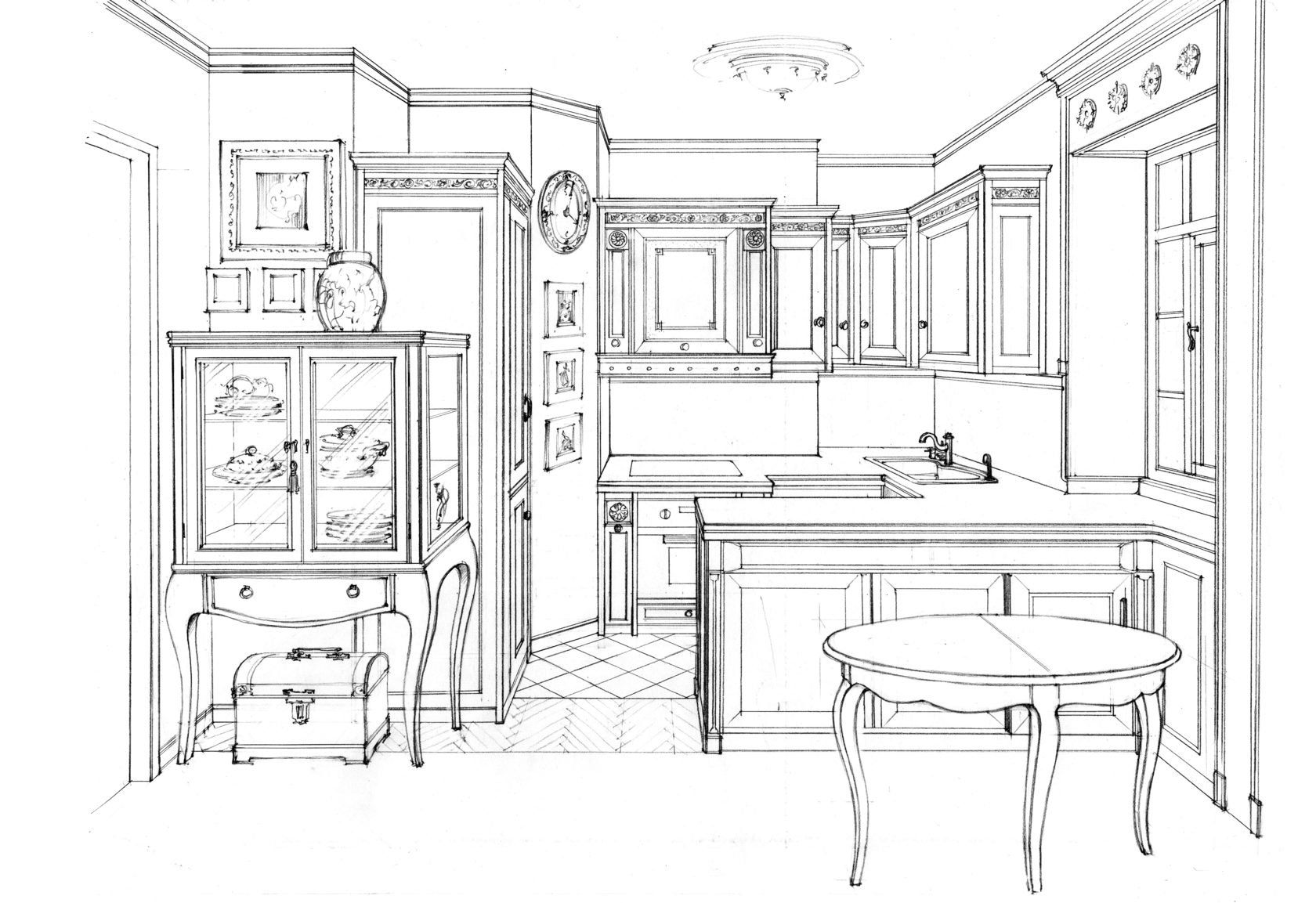 Карандашный рисунок интерьера кухни