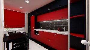 Красная кухня с белой столешницей
