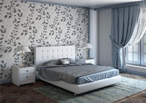 Белая спальня с серой кроватью