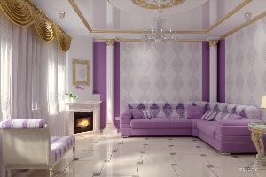 Интерьер гостиной с фиолетовым потолком