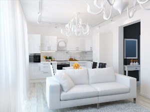 Дизайн интерьера гостиной с белой кухней