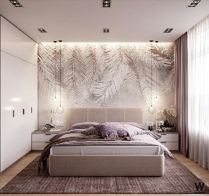 Дизайн спальни обои с перьями