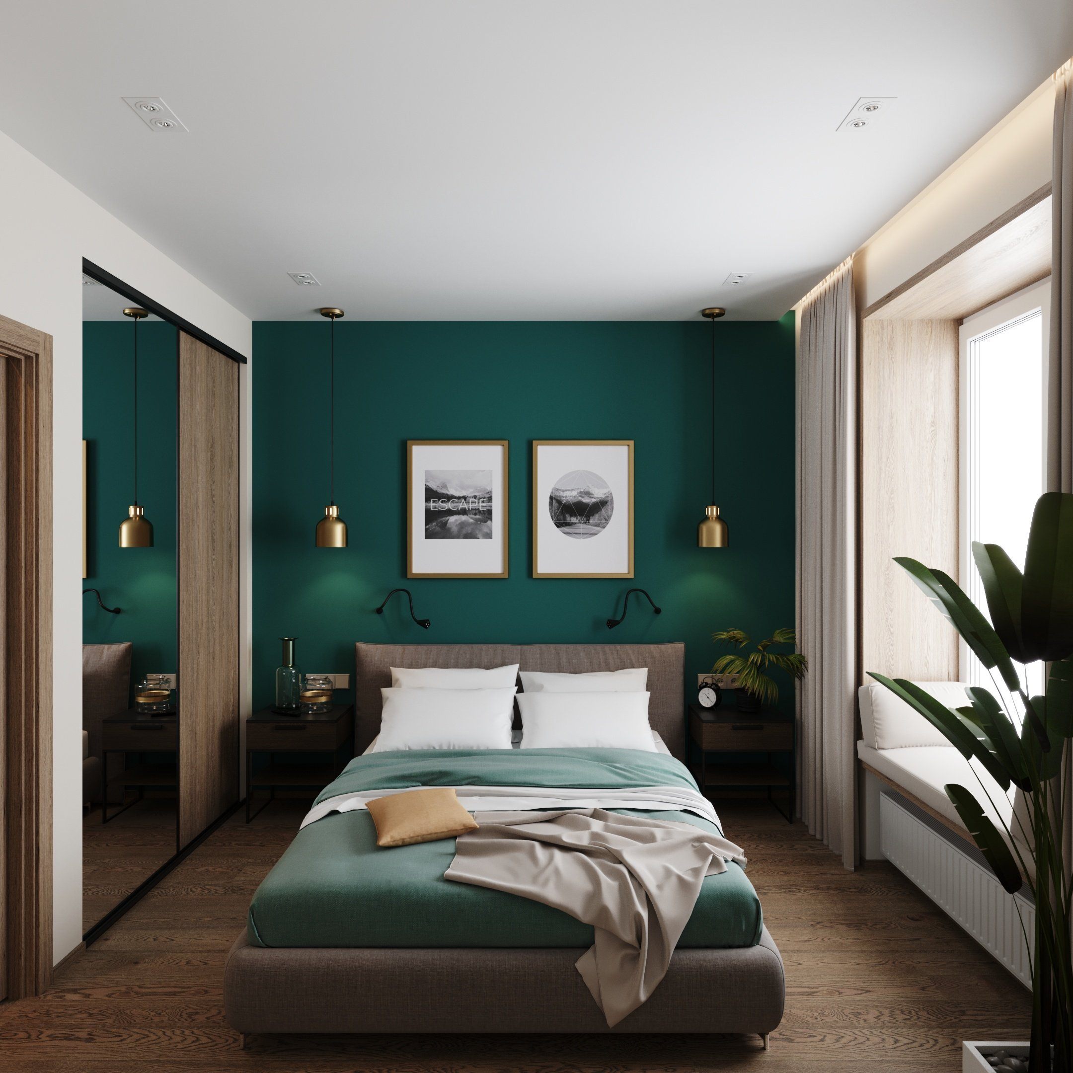 изумрудно зеленый цвет в интерьере спальни