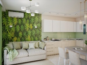 Кухня гостиная с зеленым диваном