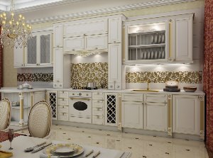Белая кухня с золотой патиной